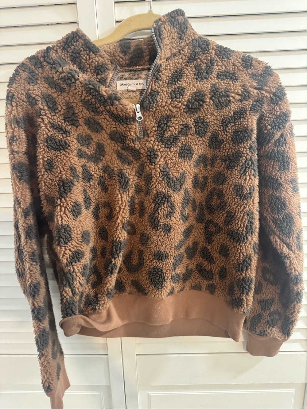 Grayson Threads Women's Brown and Black Leopard Sherpa Half-Zip Pullover